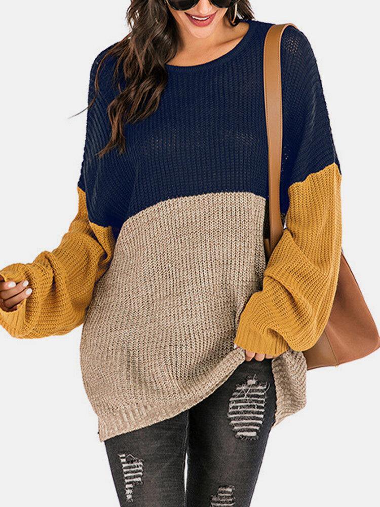 Women Contrast Patchwork Round Neck Knit Relaxed Fit Pullover Sweaters - Trendha