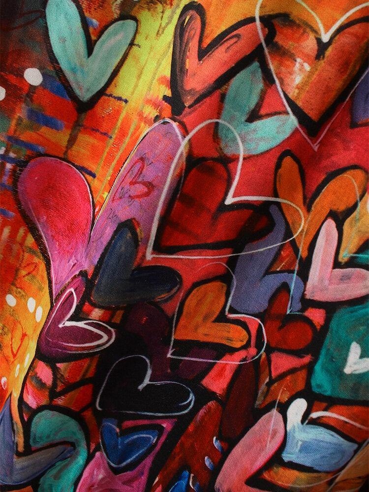 Women Colorful Graffiti Heart Print Long Sleeve Drawstring Hoodie With Kangaroo Pocket - Trendha