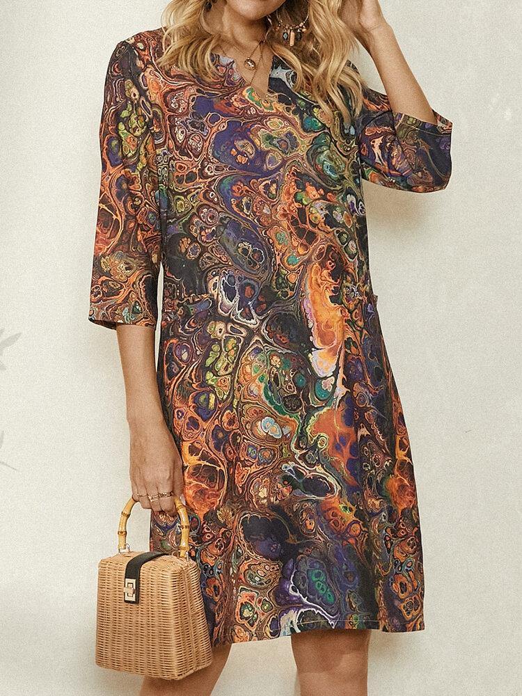 Women Multi-Color Vintage Print 3/4 Sleeve V-Neck Dress With Pocket - Trendha