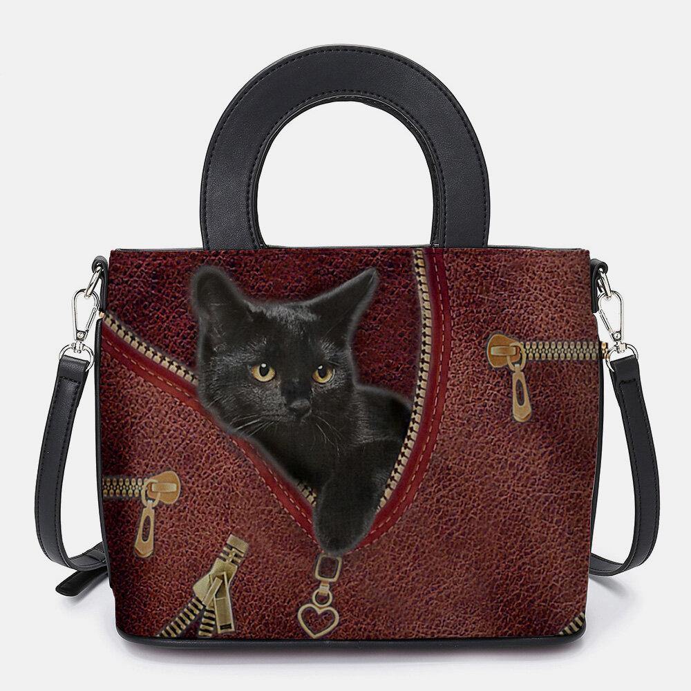 Women Faux Leather Cartoon Black Cat Pattern Multi-carry Handbag Crossbody Bag Satchel Bag - Trendha
