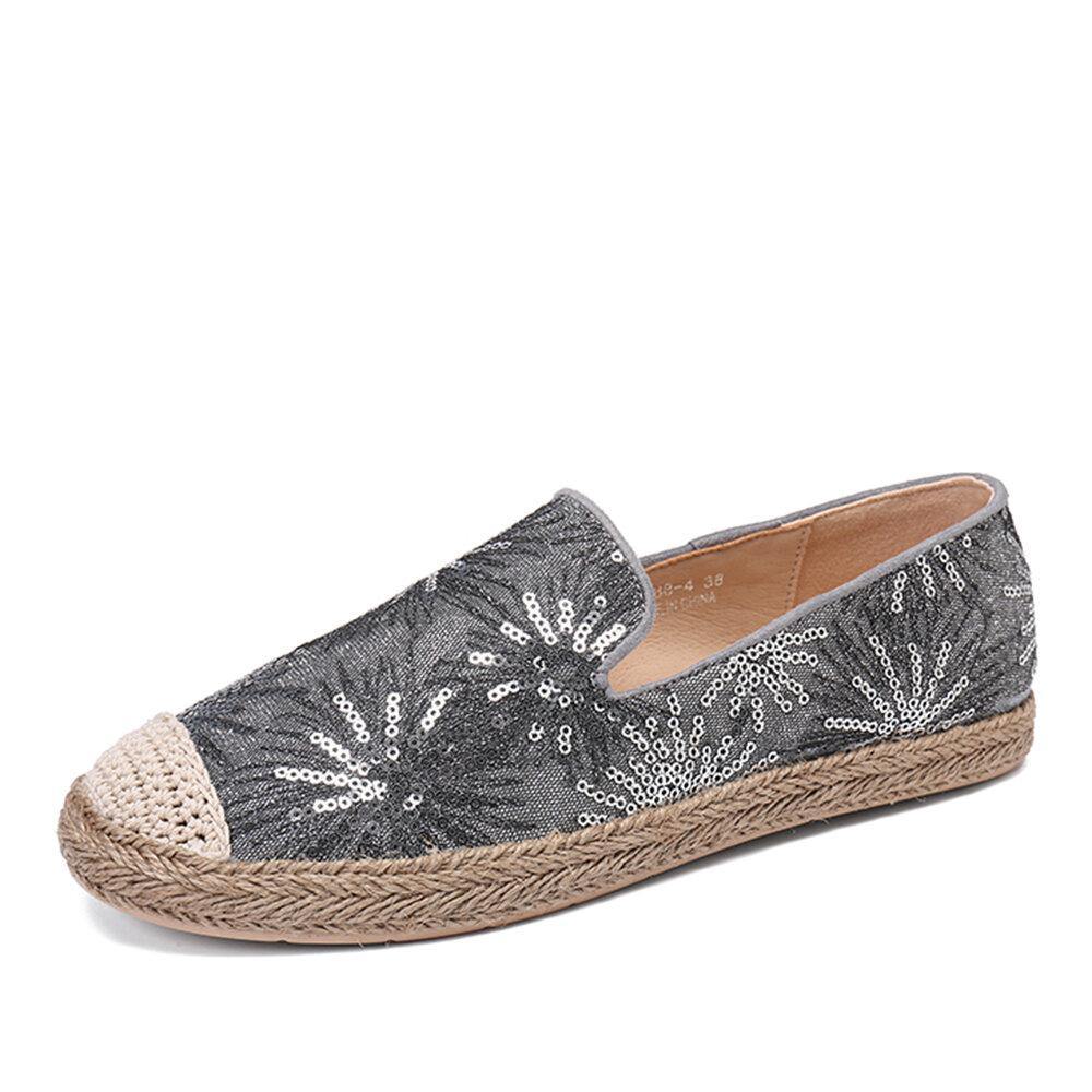 Women Casual Sequined Flowers Pattern Espadrille Flats Loafers - Trendha