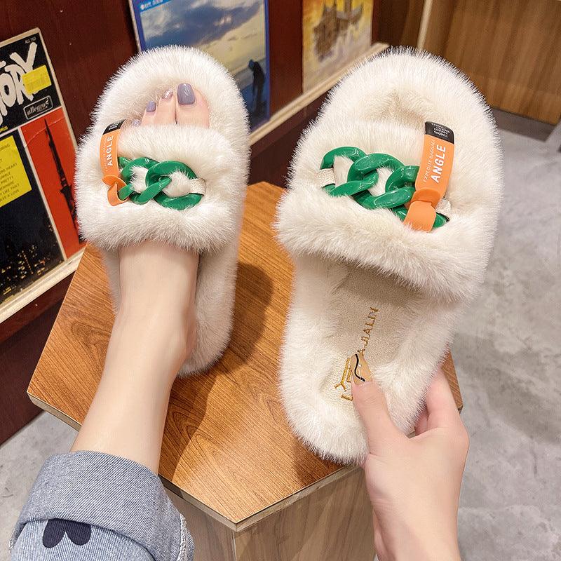 Plush Chain-Detail Slippers