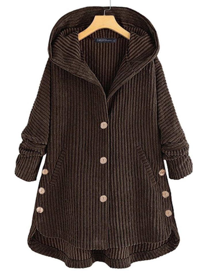 Women Corduroy Solid Color Side Button Coats Long Sleeve Hooded Jacket With Pocket - Trendha