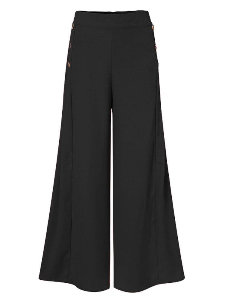 Women Solid Color Side Button Elastic Waist Loose Casual Wide Leg Pants With Pocket - Trendha