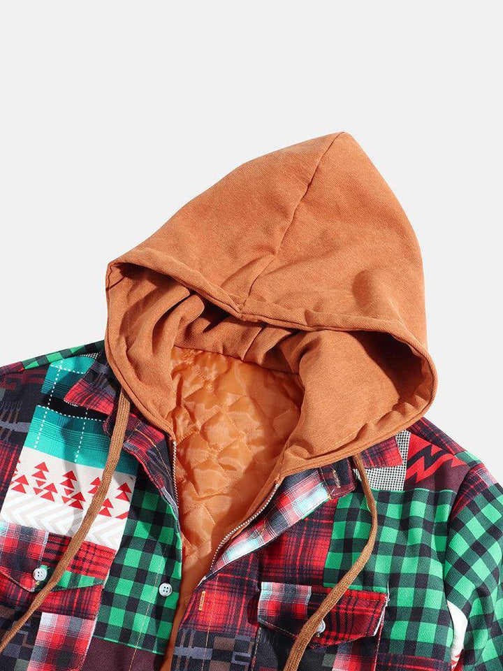 Mens Plaid Colorblock Thick Vintage Hooded Shirt Jacket - Trendha