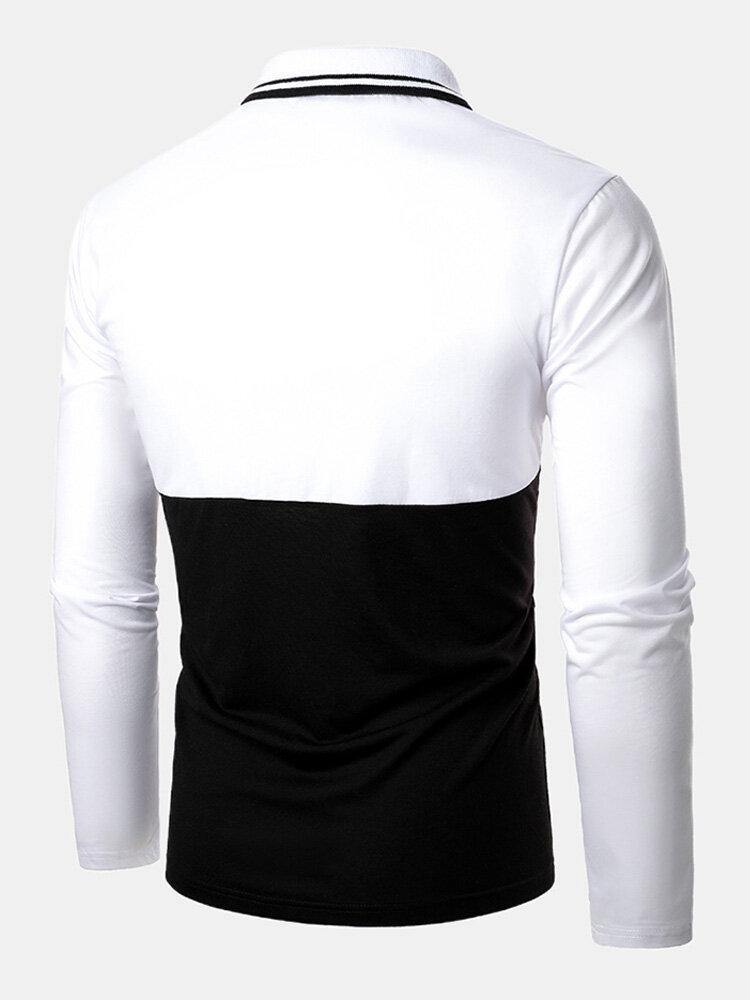 Mens Contrast Color Stitching Cowhide Chest Pocket Long Sleeve Golf Shirts - Trendha