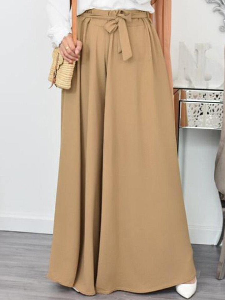 Women Casual Loose Solid Color Lace-Up Elastic Waist Wide Leg Pants With Pockets - Trendha