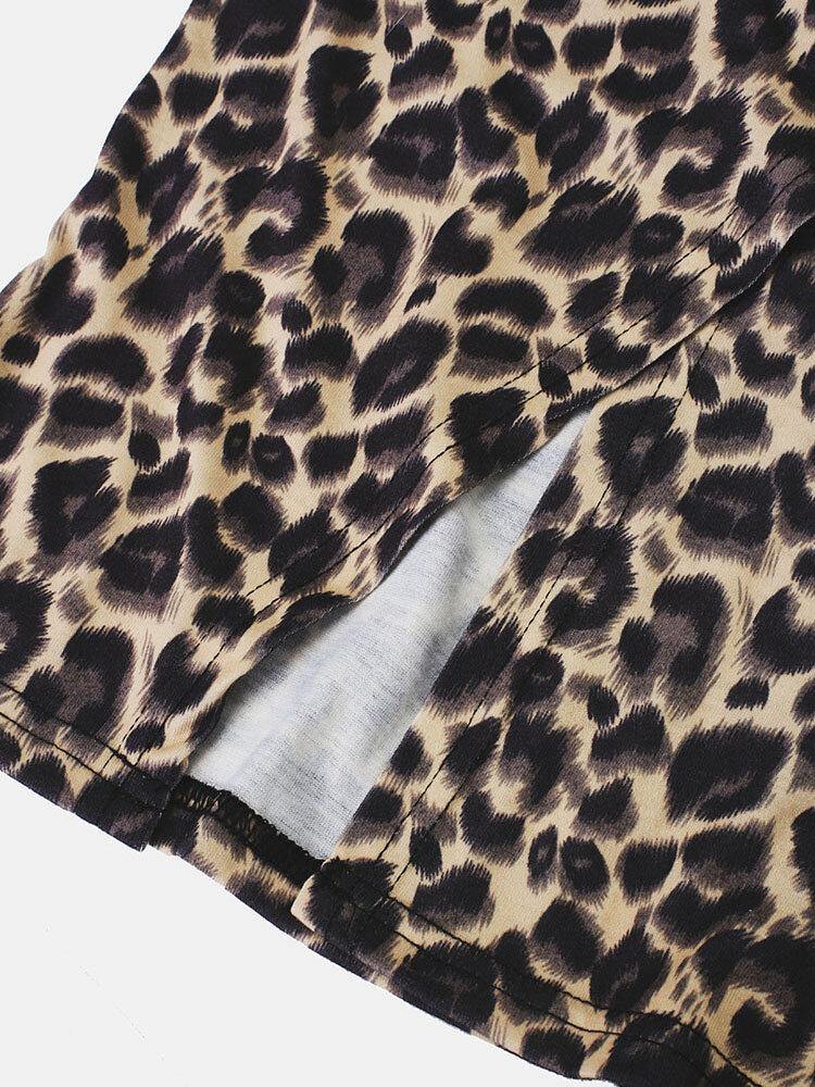 Leopard Print Lace Patchwork Slit Hem Strap Midi Dress For Women - Trendha