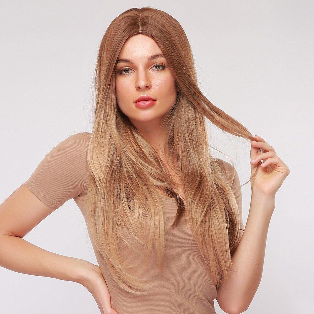 24 Inch Brown Gradient Long Straight Hair Fluffy Middle Part Long Bangs Synthetic Wigs - Trendha