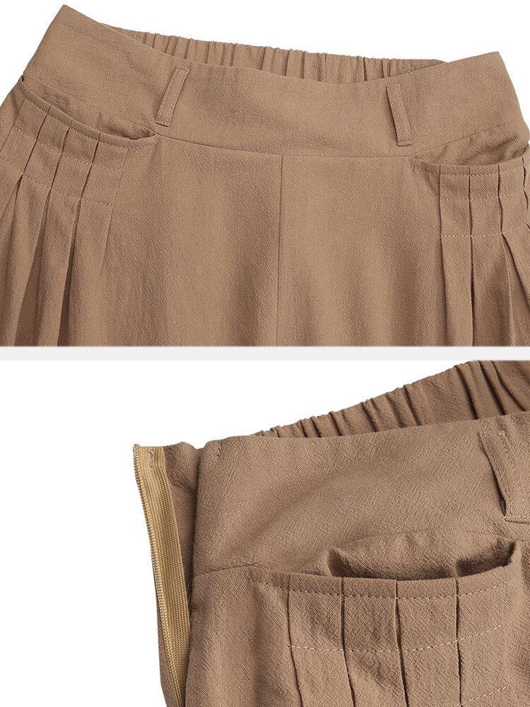 Women Solid Color Elastic Waist Pleats Wide Leg Pants With Pocket - Trendha