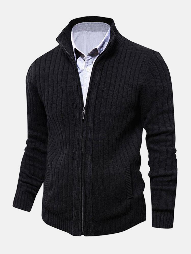 Mens Ribbed Knitted Zipper Long Sleeve Sweater Cardigans With Pocket - Trendha