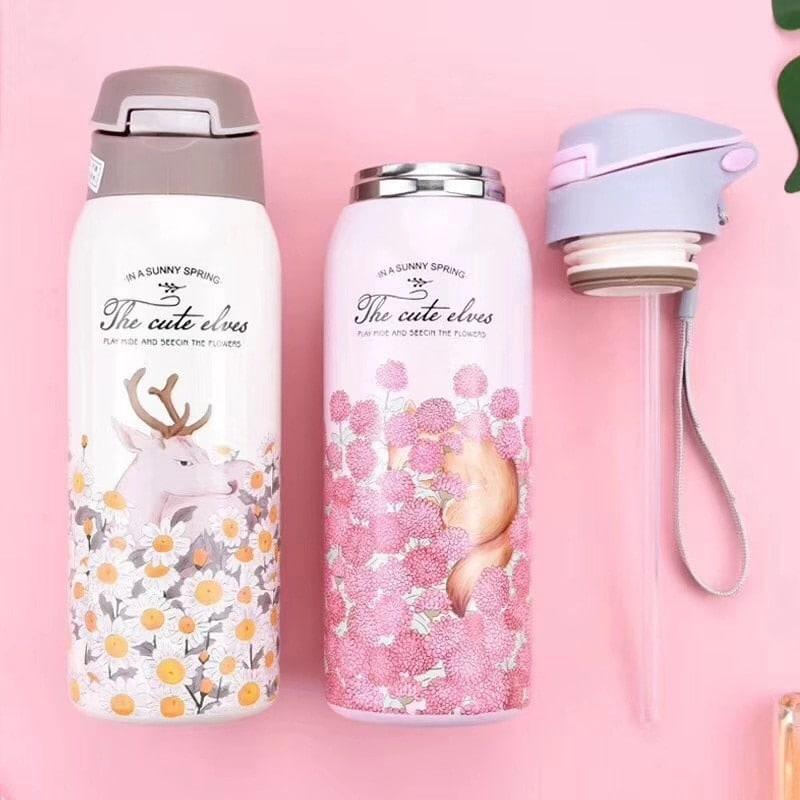 Floral Double Wall Water Bottle with Straw - Trendha