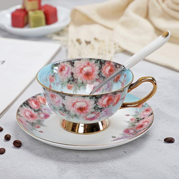 Floral Pattern Porcelain Tea Cup, Saucer and Spoon - Trendha