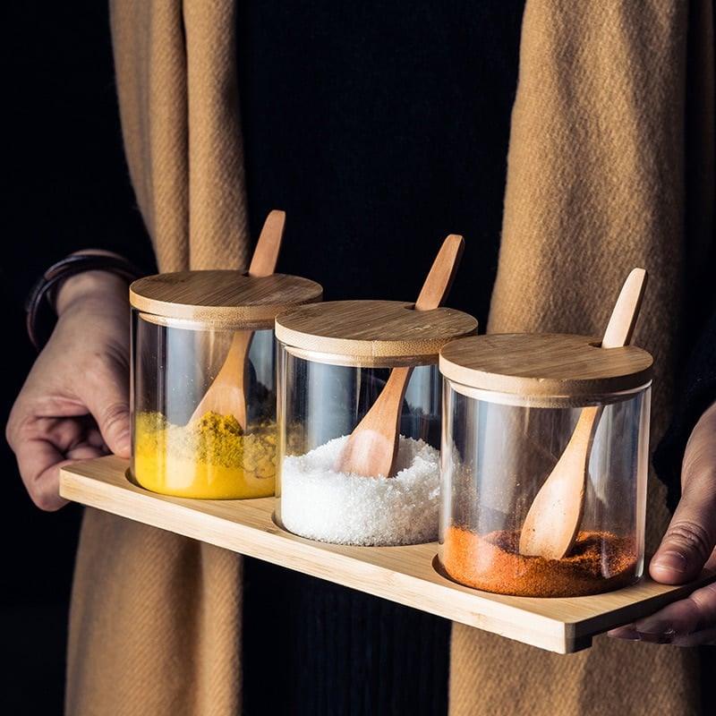 Glass and Wood Storage Jars Set with Spoon