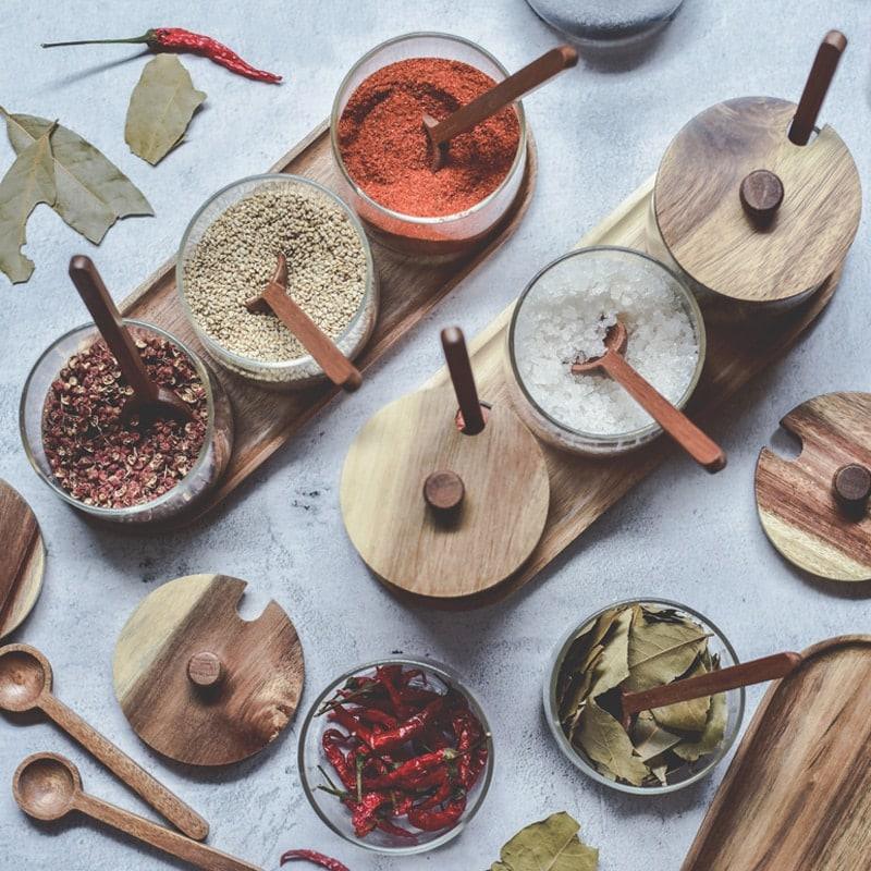 Glass Spice Jar with Wooden Holder 4 Pcs Set - Trendha