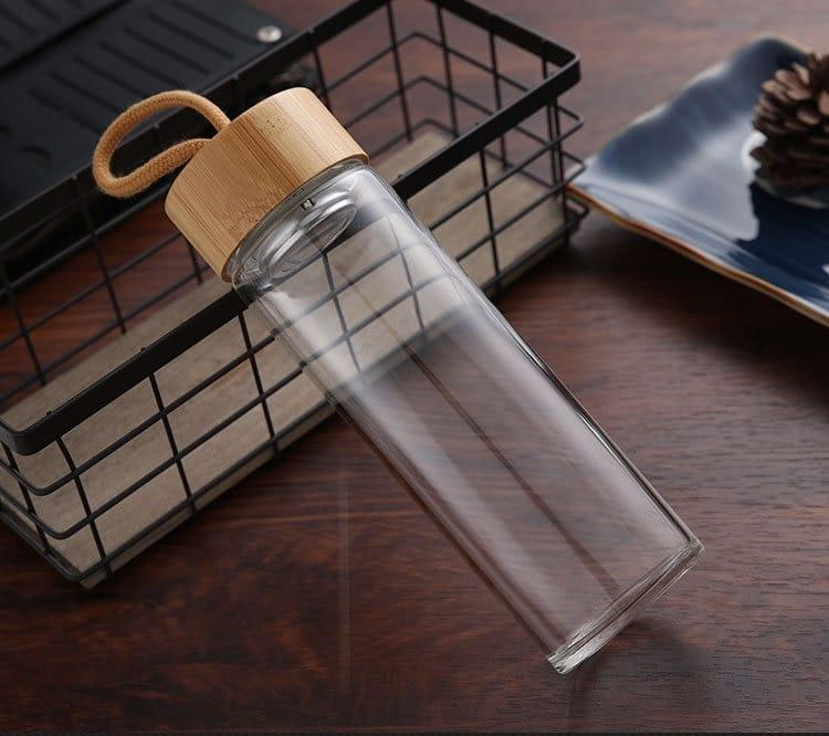 Glass Water Bottle with Bamboo Lid and String - Trendha