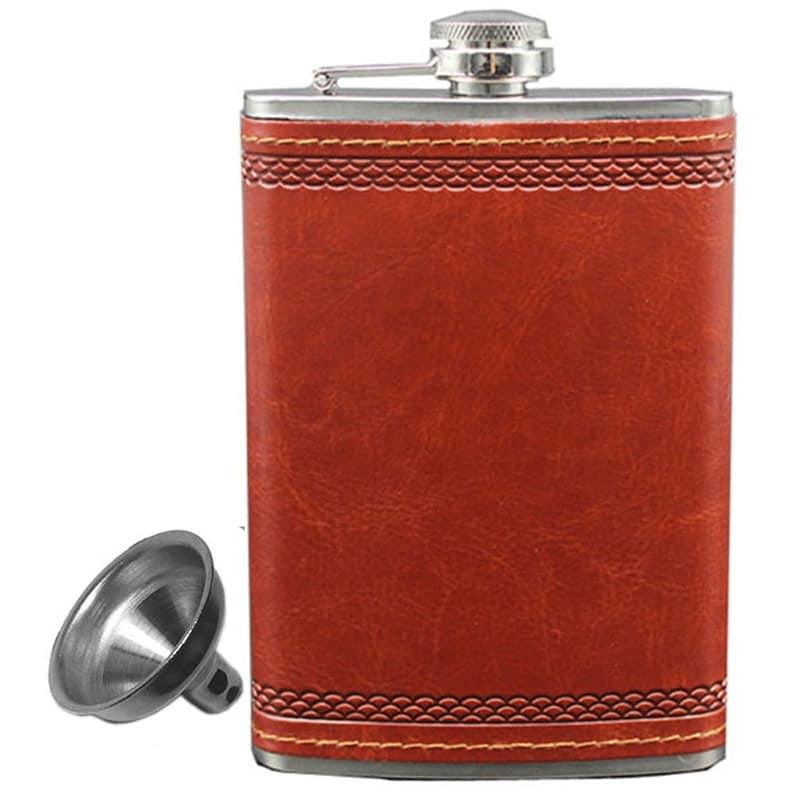 Leather Wrapped Hip Flask with Funnel - Trendha
