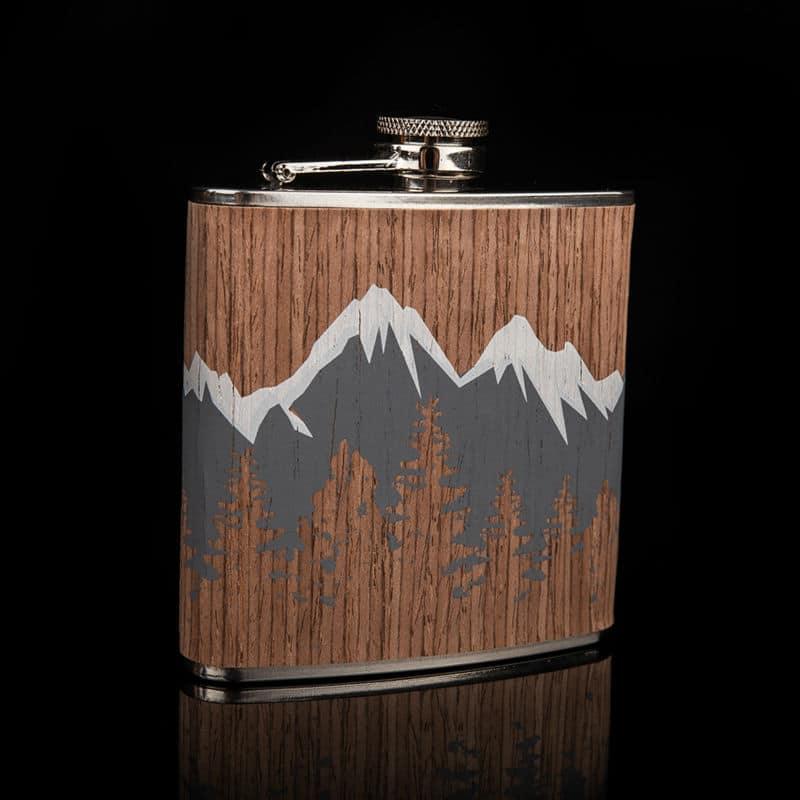 Mountains Printed Wood Coated Hip Flask