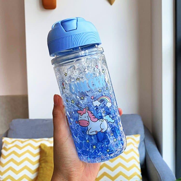Portable Double Straw Water Bottle with Unicorn Print - Trendha