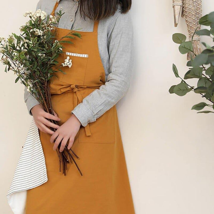 Solid Linen Bib Apron with Pockets for Cafe Barista - Trendha