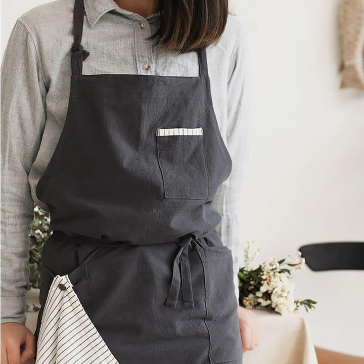 Solid Linen Bib Apron with Pockets for Cafe Barista - Trendha