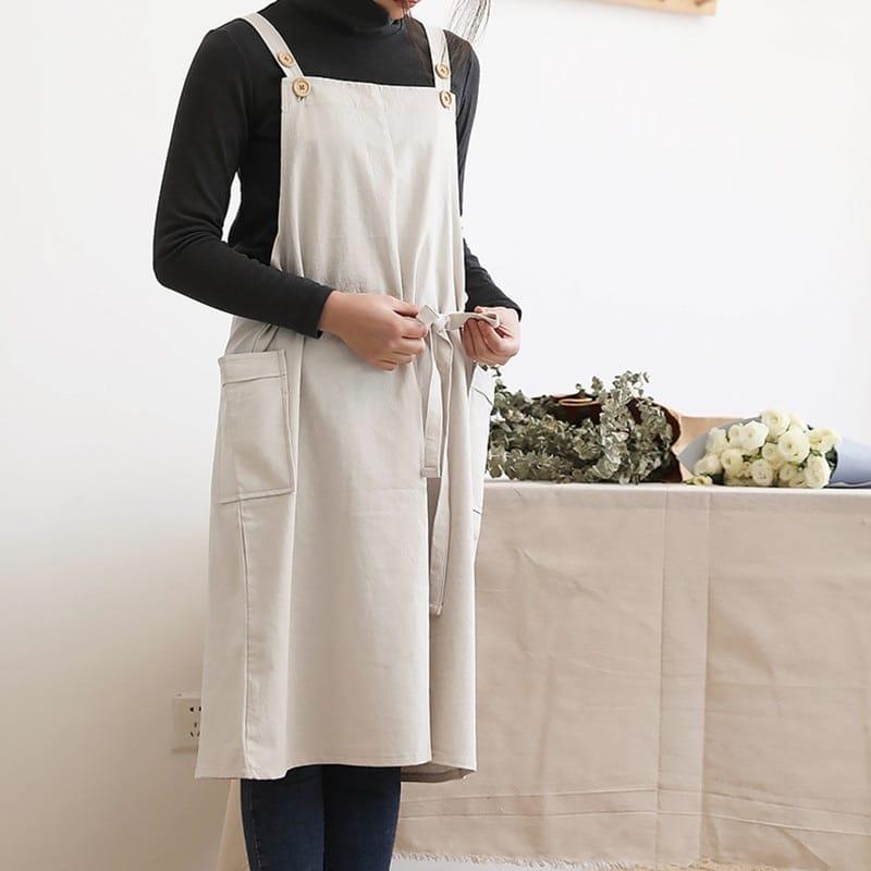 Women's Minimalist Linen Barista Apron with Buttons - Trendha
