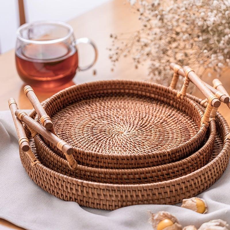 Woven Rattan Tray with Wooden Handles - Trendha