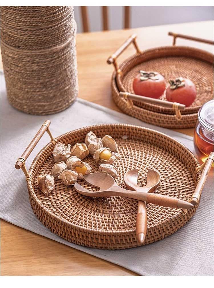 Woven Rattan Tray with Wooden Handles - Trendha